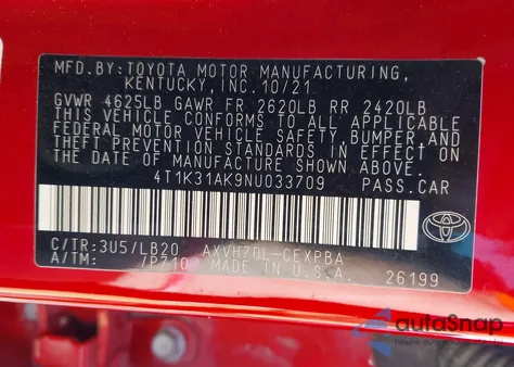 2022 Toyota Camry Xse Hybrid z USA, uszkodzony, nr VIN 4T1K31AK9NU033709